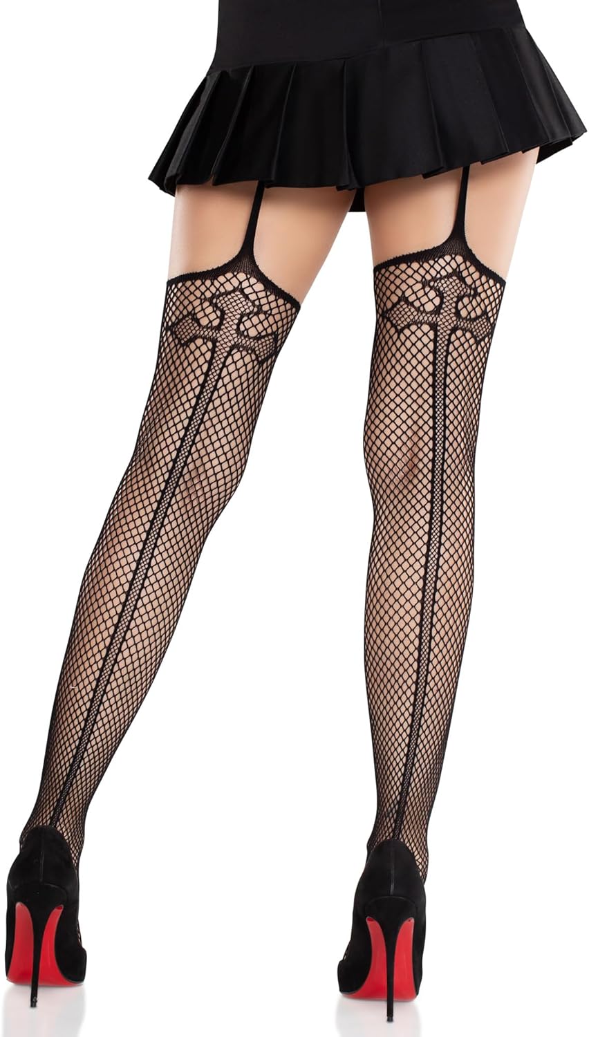 Leg Avenue Women’s Sinful Cross-Accented Black Fishnet Stockings for Women with Attached Garter Belt, Black, One Size