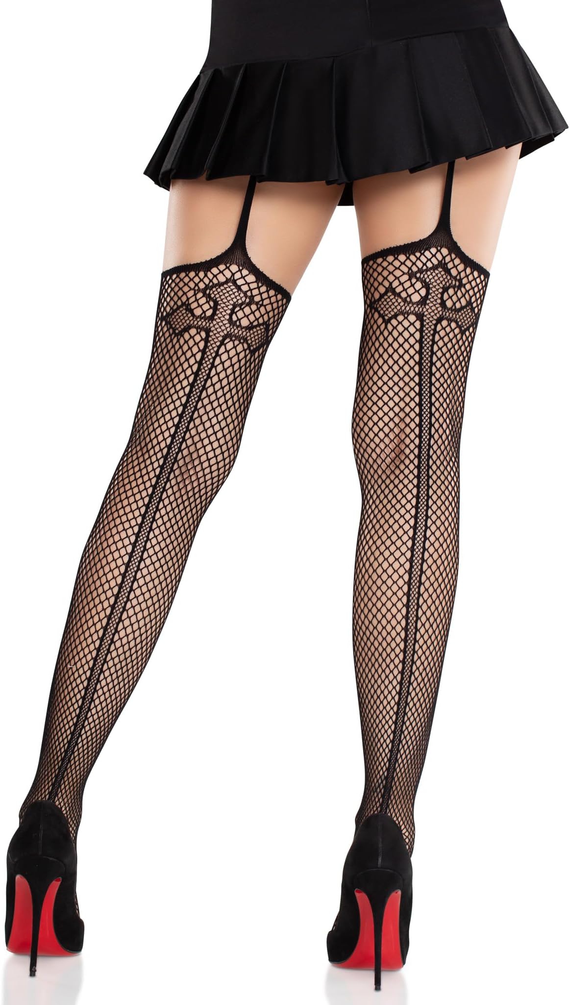 Leg Avenue Womens Sinful Fishnet Stockings with Cross Backseam and Attached Garter Belt with Cross Accent, BLACK, Black, One size