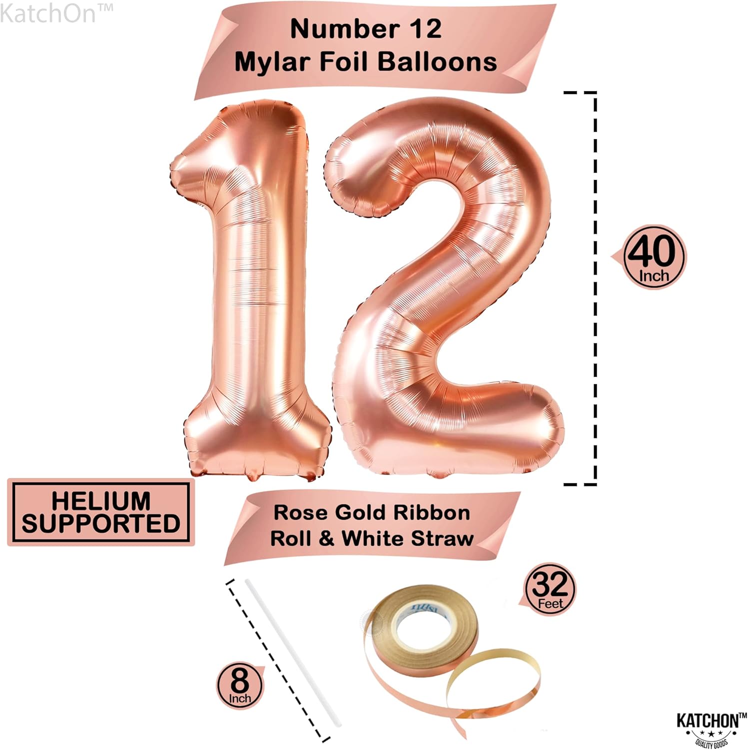 KatchOn, Rose Gold 12 Balloon Number - Huge 40 Inch | 12th Birthday Decorations for Girls | 12th Birthday Balloons, Confetti Balloons | 12 Birthday Balloon for Girls | Anniversary Decorations