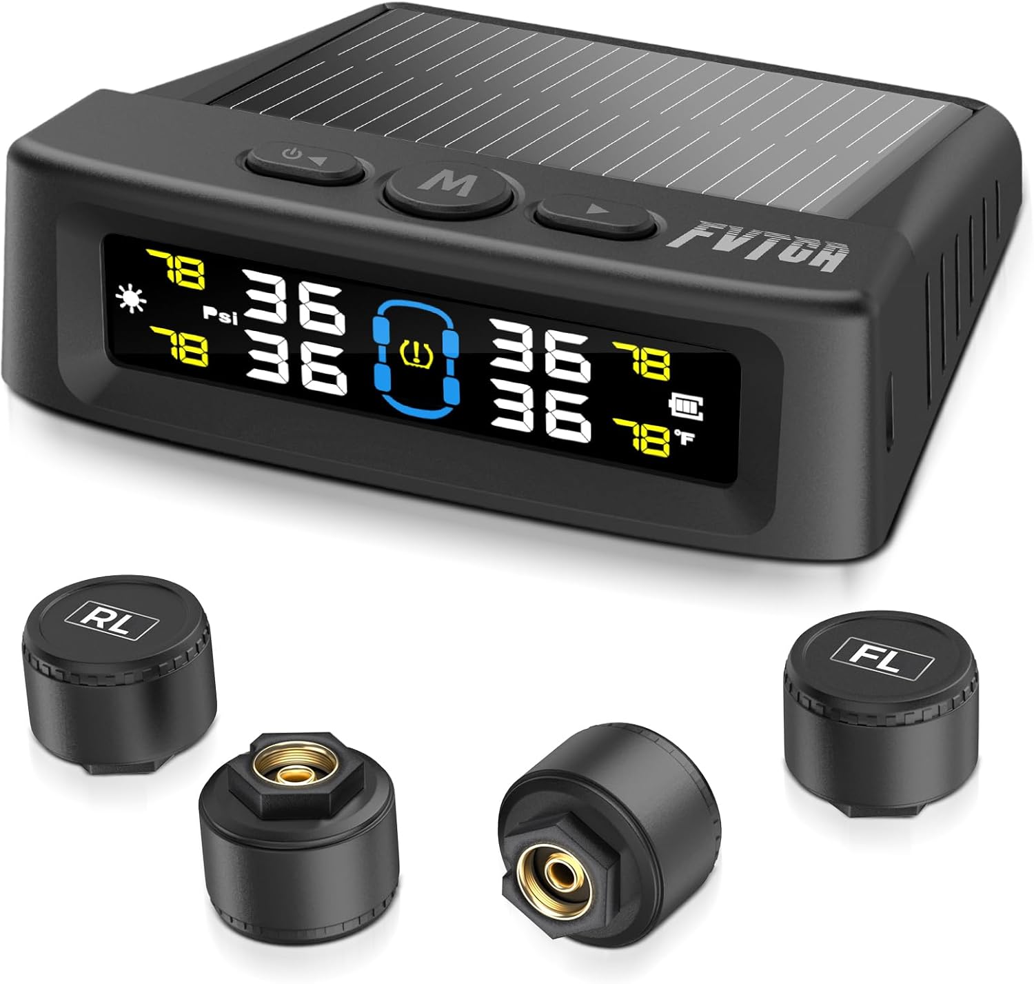 Tire Pressure Monitoring System - TPMS with Solar and USB Charger, 4 Tire Sensors and 6 Alarm Modes, Auto on/Off and Voice Prompt, TPMS with Color LCD Screen, for RV, Sedan, SUV, MPV, etc (0-87 PSI) - Amazon product rated Grade B