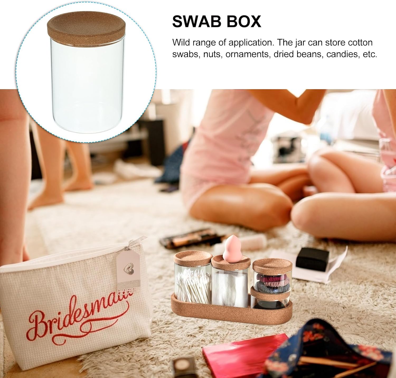 Glass Cotton Swab and Cotton Ball Dispenser Jar with Lid 400ml Bathroom Storage Canister for Vanity Desktop Floss Holder and Swab Organizer
