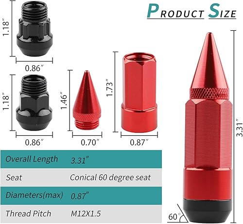 Miniatura 2 de YeshineAuto 20PCS M12x1.5 Anti Theft Wheel Spikes Lug Nut,Replacement for 2006-2019 Fusion,2012-2019 Focus,2001-2019 Escape Aftermarket Wheel(Red)