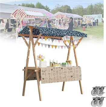 Wooden Vendor Food Push Cart Commercial Hot Dog/candy/Ice Cream/Snacks Concession Stand Booth Vending Stalls Push cart for businessBlue,150cm/59.1in