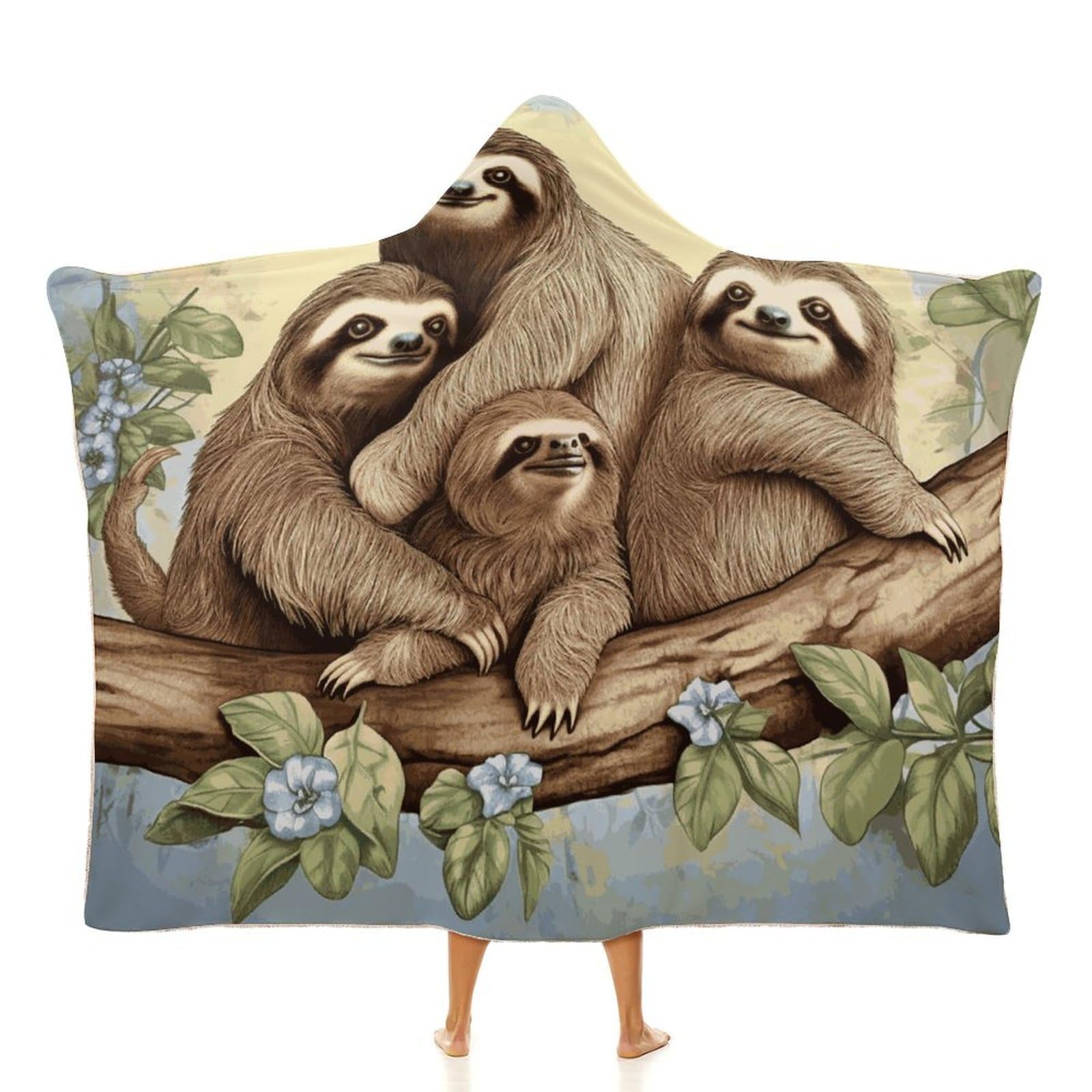 Sloth Family Hooded Blanket Soft Wearable Blankets Cozy Hoodie Throw Cloak Wrap Poncho Cape Blanket 60"x80"