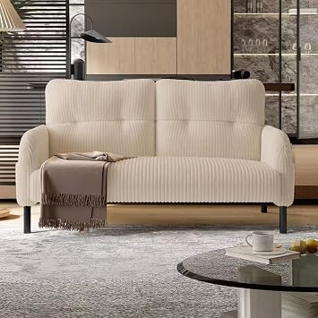 47 Loveseat Sofa Couch for Living Room, Modern Small Love Seat for Small Spaces, Comfy Corduroy Sofa Couch for Bedroom, Apartment, Dorm, Office, Sturdy Metal Legs, Side Pockets Beige