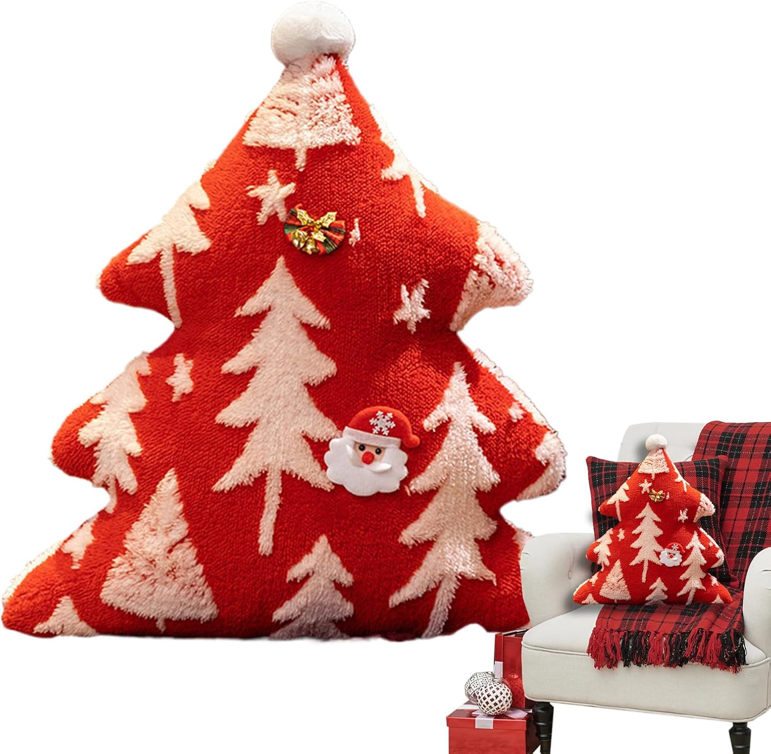 Christmas Tree Pillow, Plush Stuffed Decorative Cushion for Holiday Home Decor, 19.69 inches Soft Boho Accent Pillow with Cozy Design for Bedroom, Living Room, Sofa, Couch