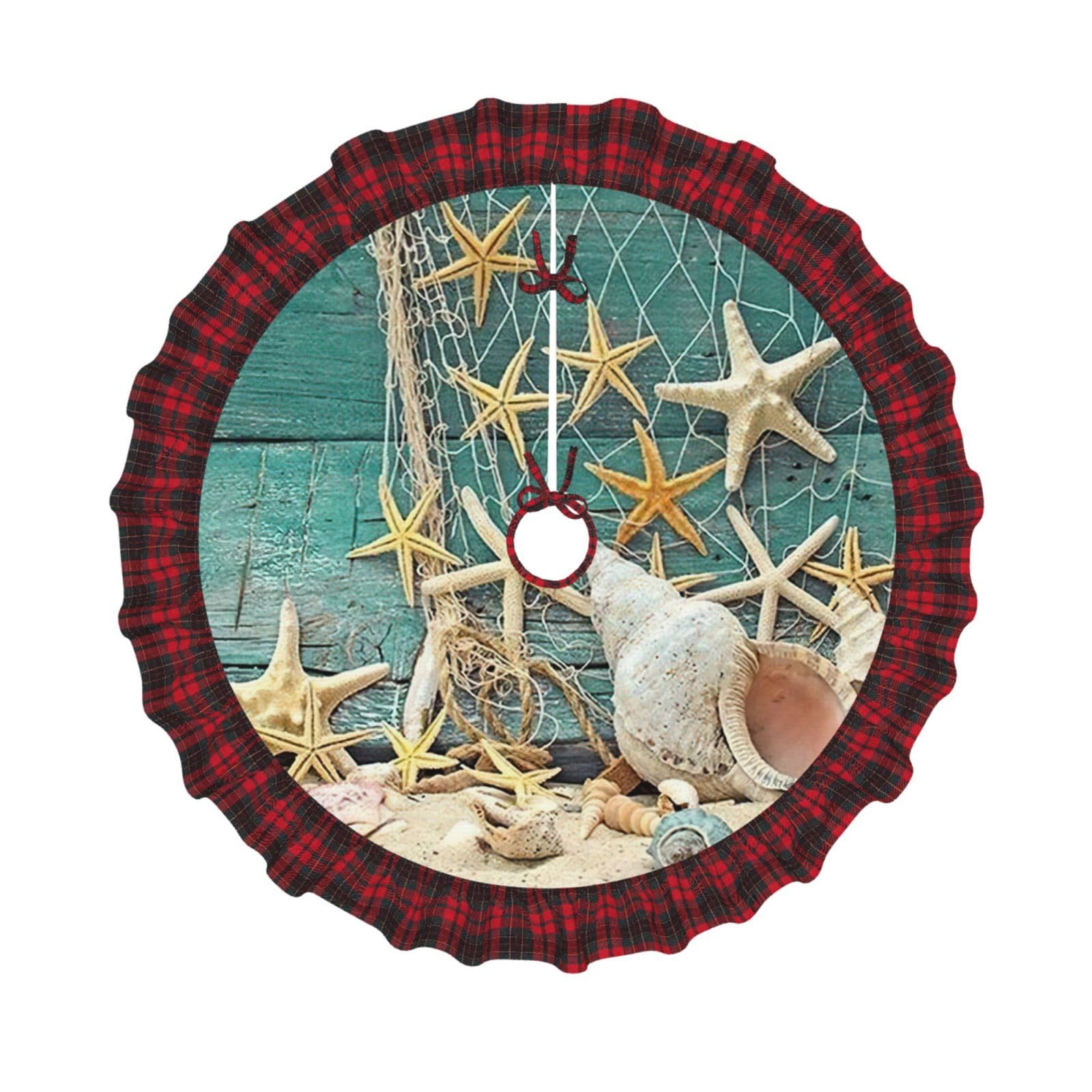 Jupe de sapin de Noël et tapis de pied d'arbre à étoiles de mer et bordure écossaise
