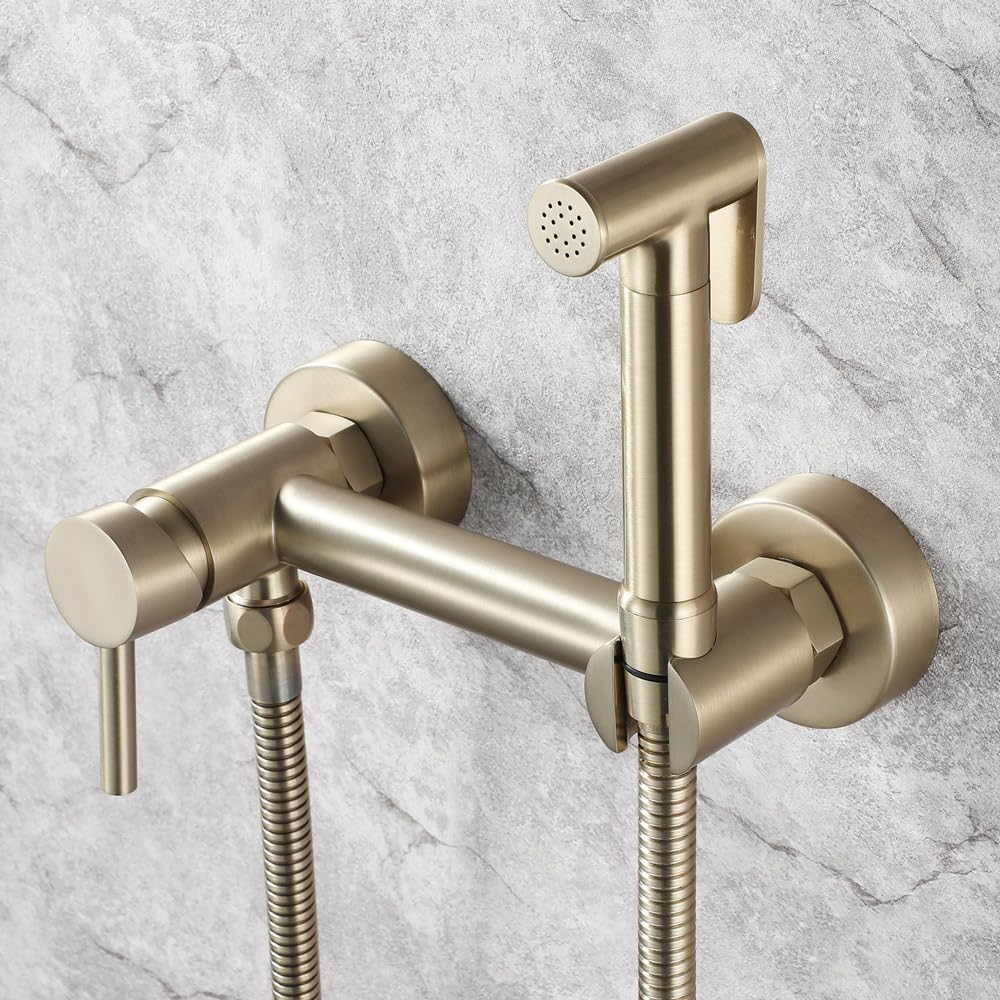 Bidet Sprayer, Circular Douche Spray, Brushed Gold Wall-Mounted Bidet Spray Tap with 1.2m Hose, Toilet Bidet Sprayer with Dual Water Inlet Design for Hot and Cold Water Connection, Brass