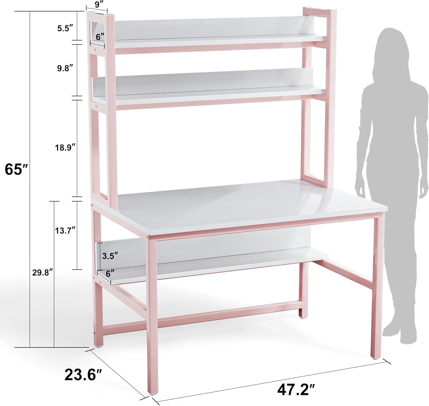 Aquzee Pink Girls Desk Hutch, 47in Woman Computer Desk with Bookshelf & Storage Shelves, Space Saving Girls Writing Study Craft Table for Bedroom Kids Room, White Wood & Pink Iron Home Office Desks