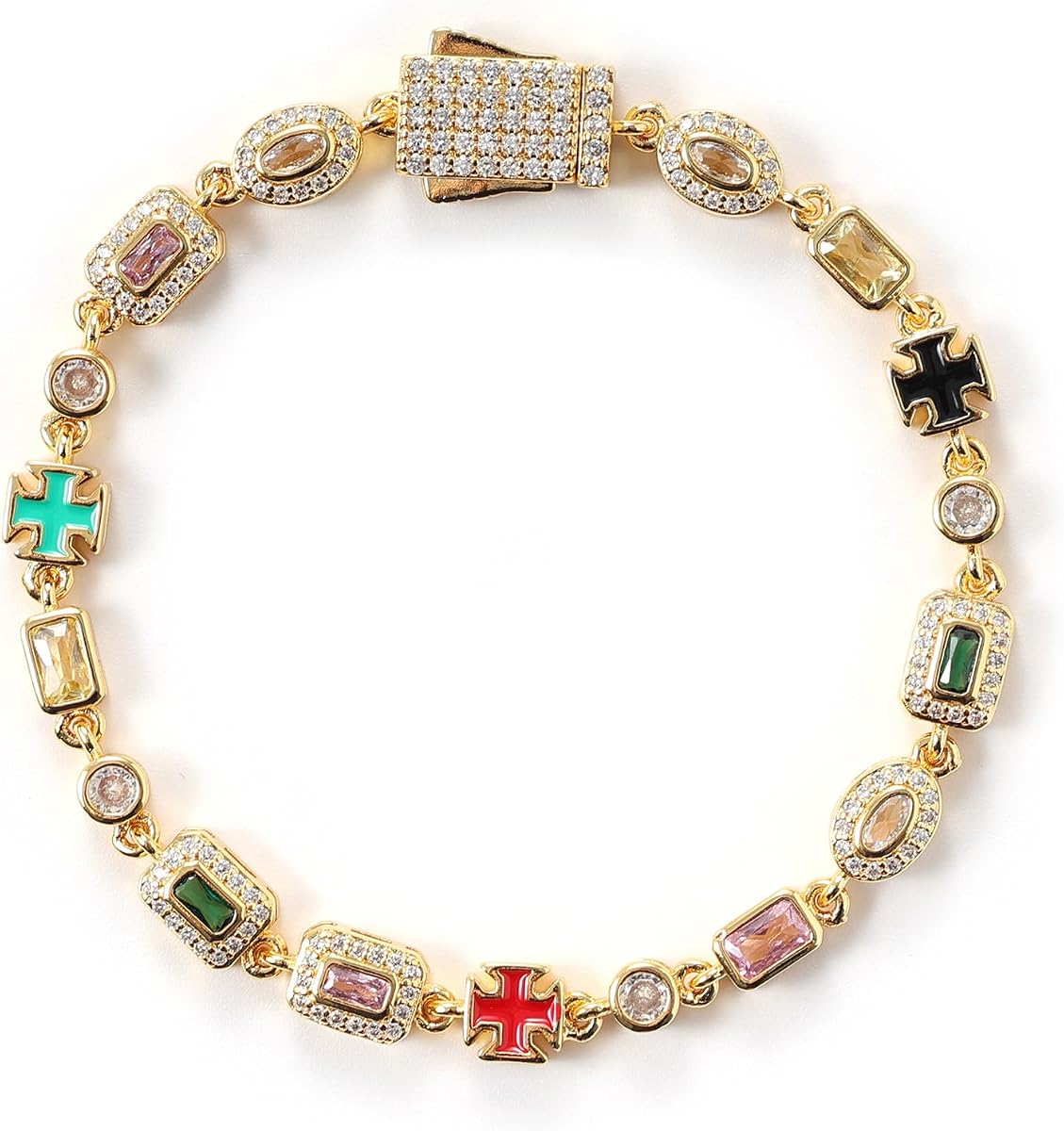 Lulu Mel 6mm Colorful Zirconia Cross Bracelet, Gold Plated Tennis Chain Geometric Gemstone Diamond Bracelet Trendy Charm Jewelry for Women Men