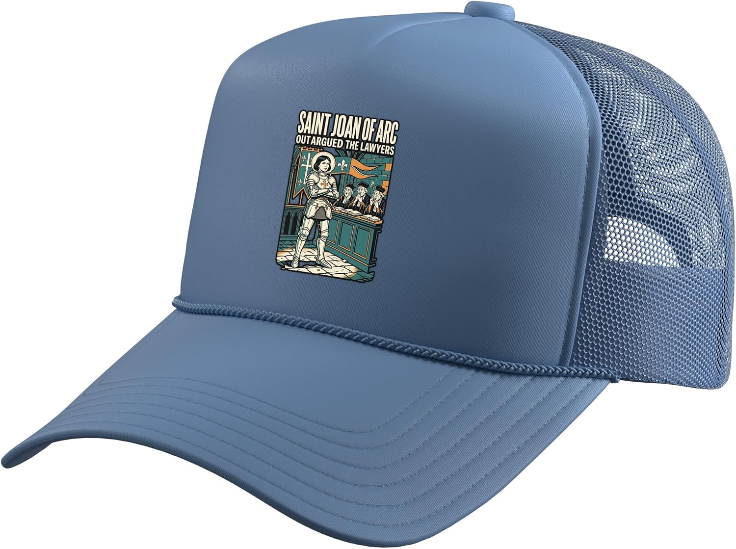 Saint Joan of Arc Arms Crossed Confused Judges Catholic Trucker Hat with Adjustable Mesh Back