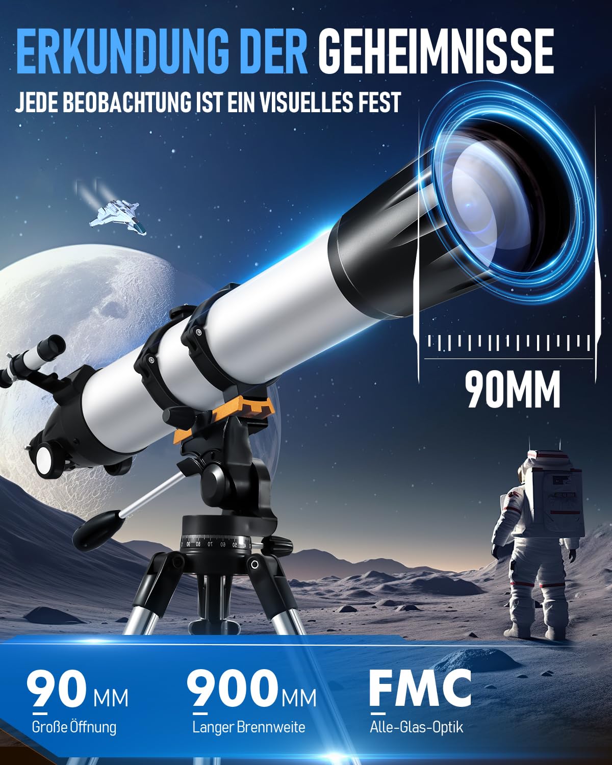 Teleskop Astronomie für Erwachsen, 90mm Öffnung 900mm Refraktor Teleskop für Kinder & Anfänger, Tragbares Reiseteleskop mit Stativ, Einem Handy-Adapter, Einer Kabellosen Fernbedienung
