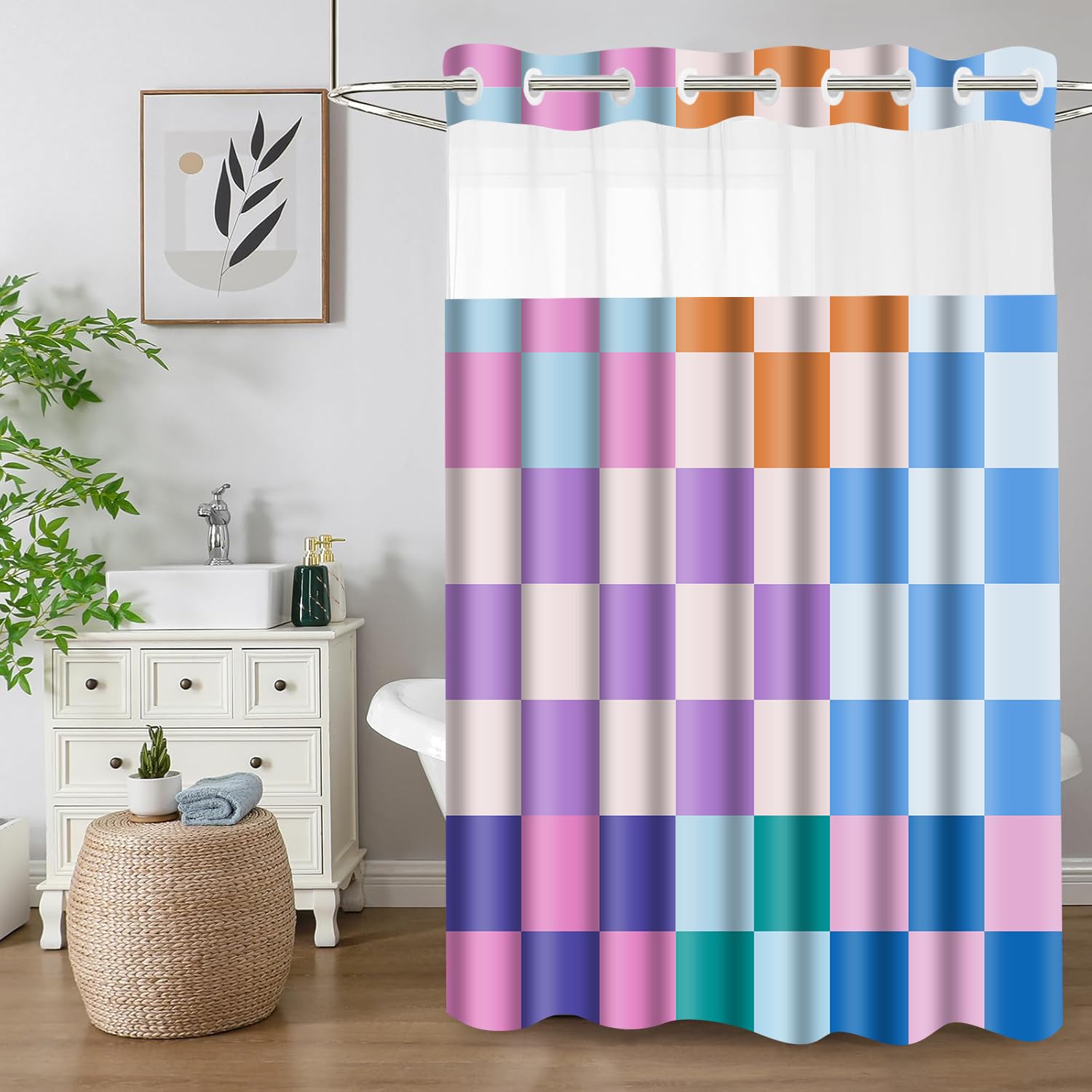 Rideau de douche moderne carreaux colorés imperméable double couche sans crochet 180 x 188
