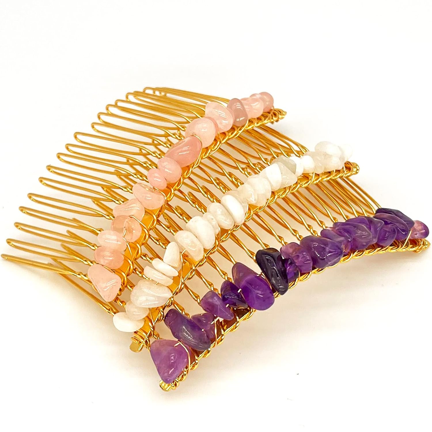 Decorative Hair Side Comb Rose Quartz Women Hair Comb Crystal Hair Accessories Amethyst Jeweled Tiara Handmade Set of 3 : Beauty & Personal Care