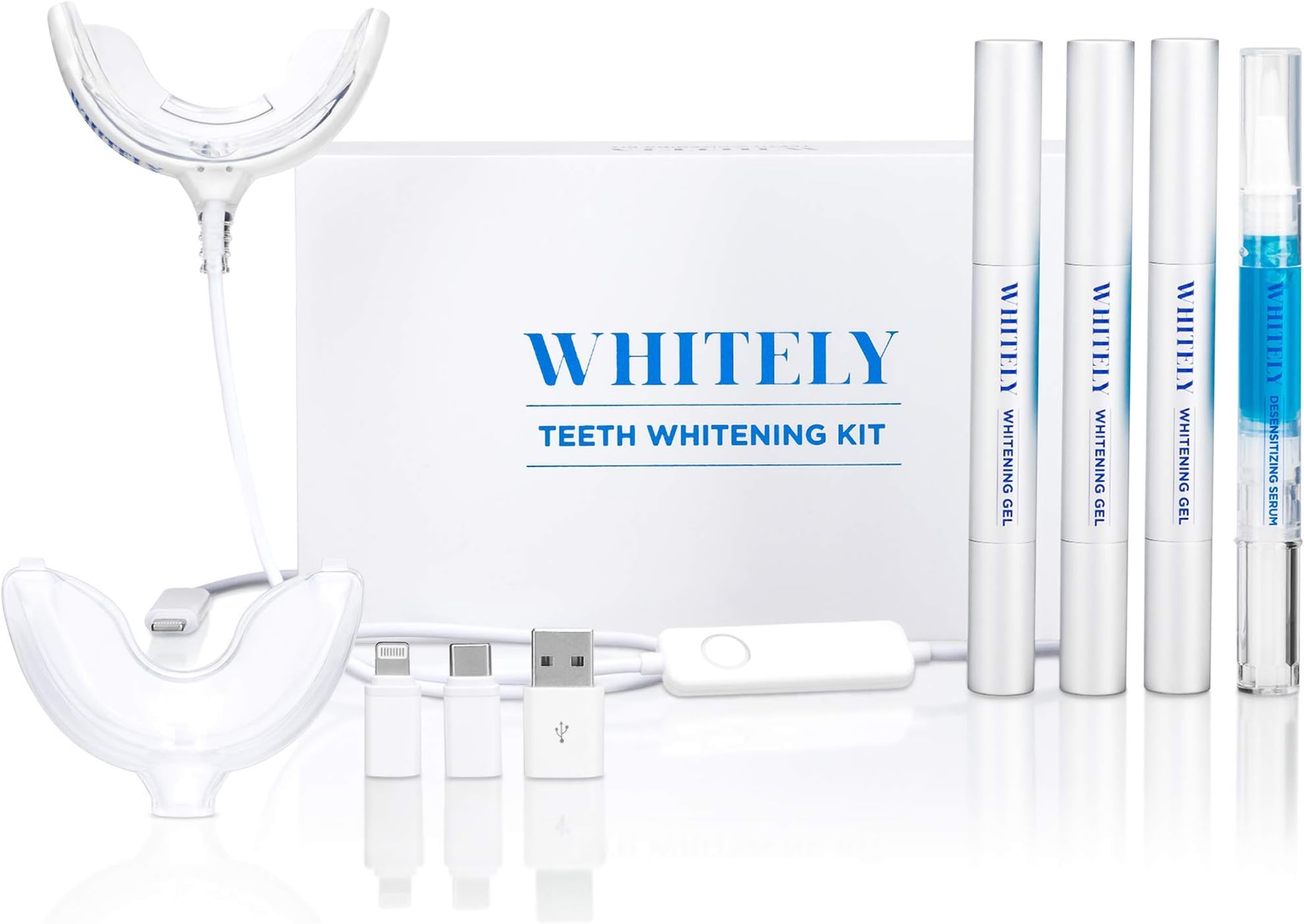WHITELY All-in-One At-Home Teeth Whitening Kit, No Sensitivity, Premium LED Light, Safe 35% Carbamide Peroxide, Whitening Pen (3 Pack), Desensitizing Gel (1 Pack), 30+ Uses, Hismile, flawless Whitener