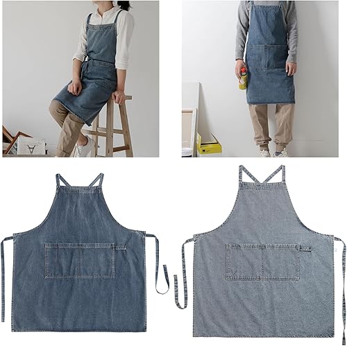 Miniatura 2 de Delantal de mezclilla de moda para hombres y mujeres, correas ajustables, múltiples bolsillos para cocinar, hornear y restaurante, unisex, para