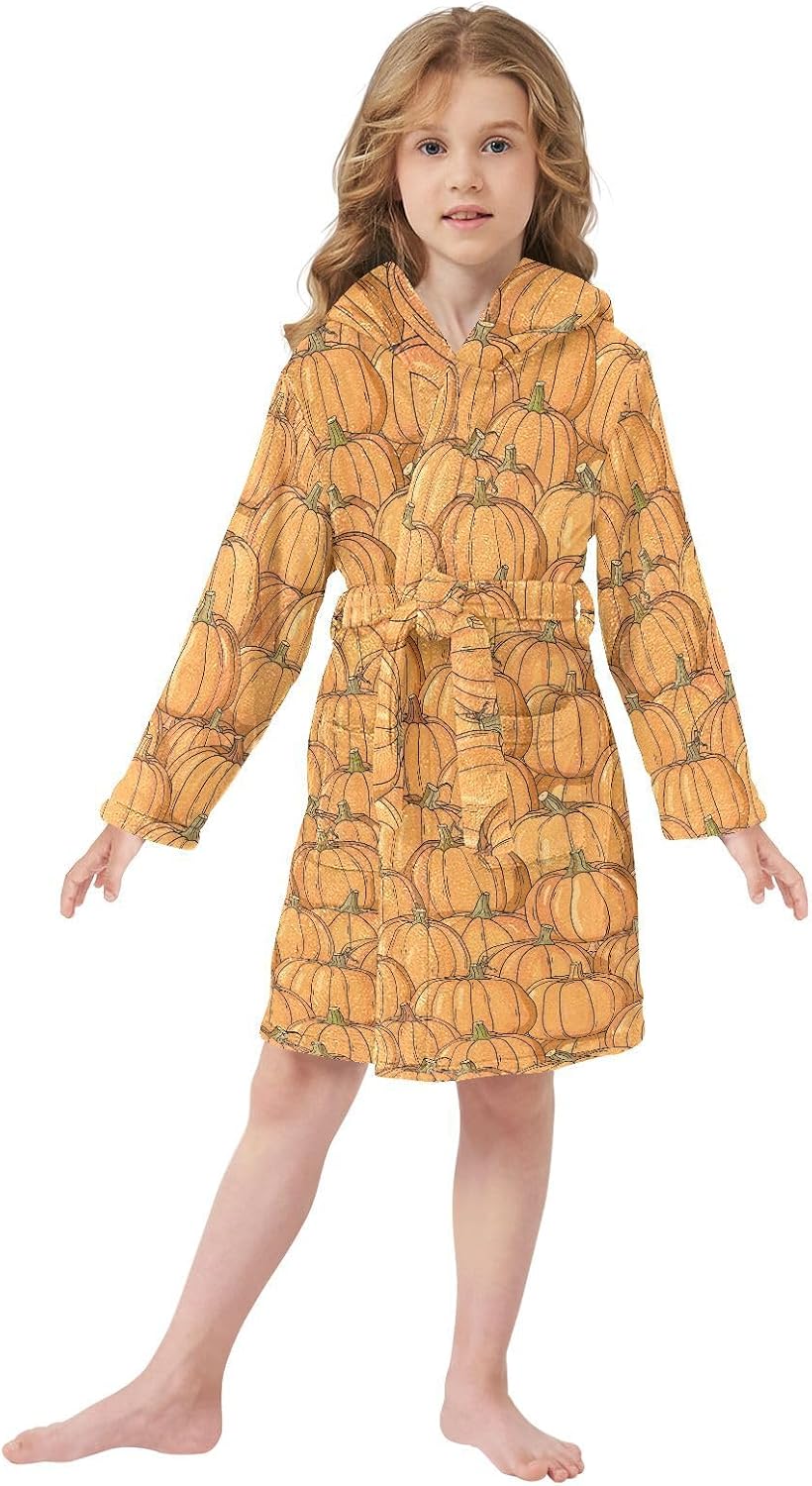 senya Many Pumpkins Toddler Hooded Bathrobe Kids Soft Plush Bath Towel Robes for Boys Girls 2-12 Years