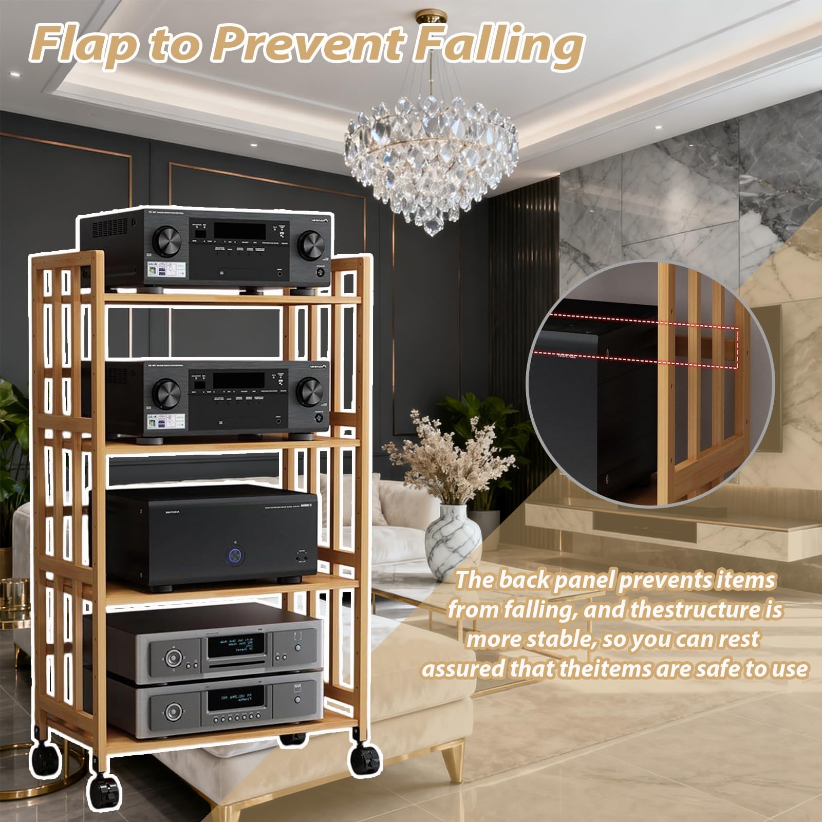 Scaffale multimediale AV a 2/3/4/5 livelli, rack audio, supporto per lettore CD, scaffale stereo domestico con ripiano regolabile in altezza e ruote per home office e home cinema (marrone, 50 x 53 cm)