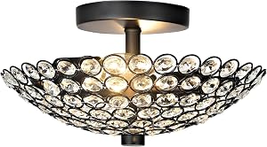 Semi Flush Mount Ceiling Light Clear Crystal Glass Beads Bowl Shade Lighting Fixture Black Crystal Chandelier for Living