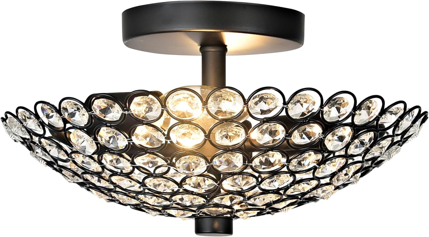 Semi Flush Mount Ceiling Light Clear Crystal Glass Beads Bowl Shade Lighting Fixture Black Crystal Chandelier for Living