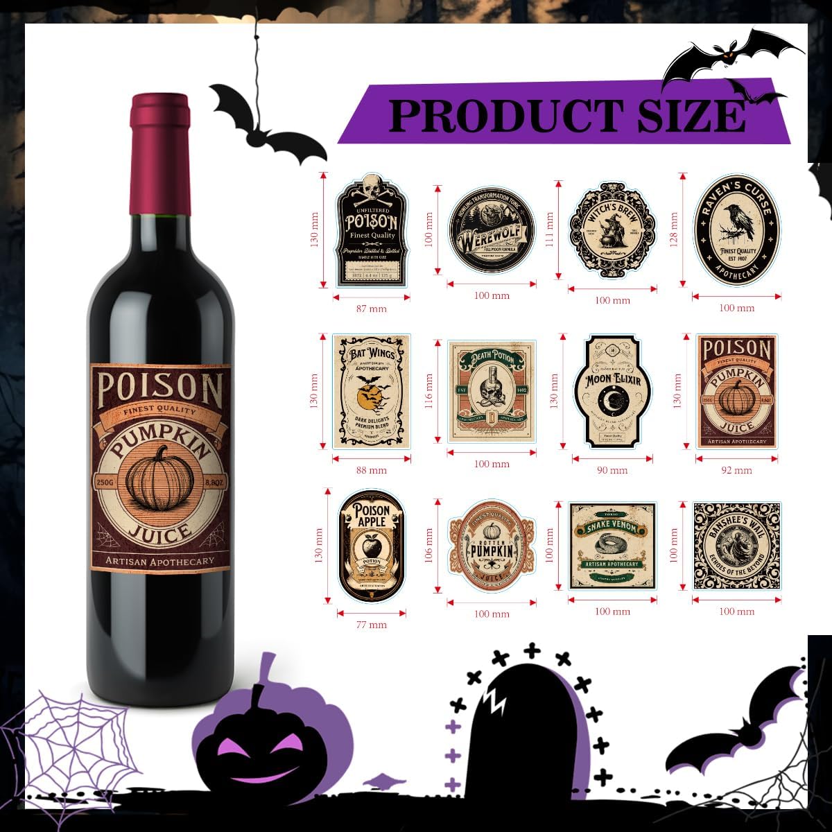 48PS Halloween Wine Bottle Labels Gothic Halloween Wine Labels Decoration