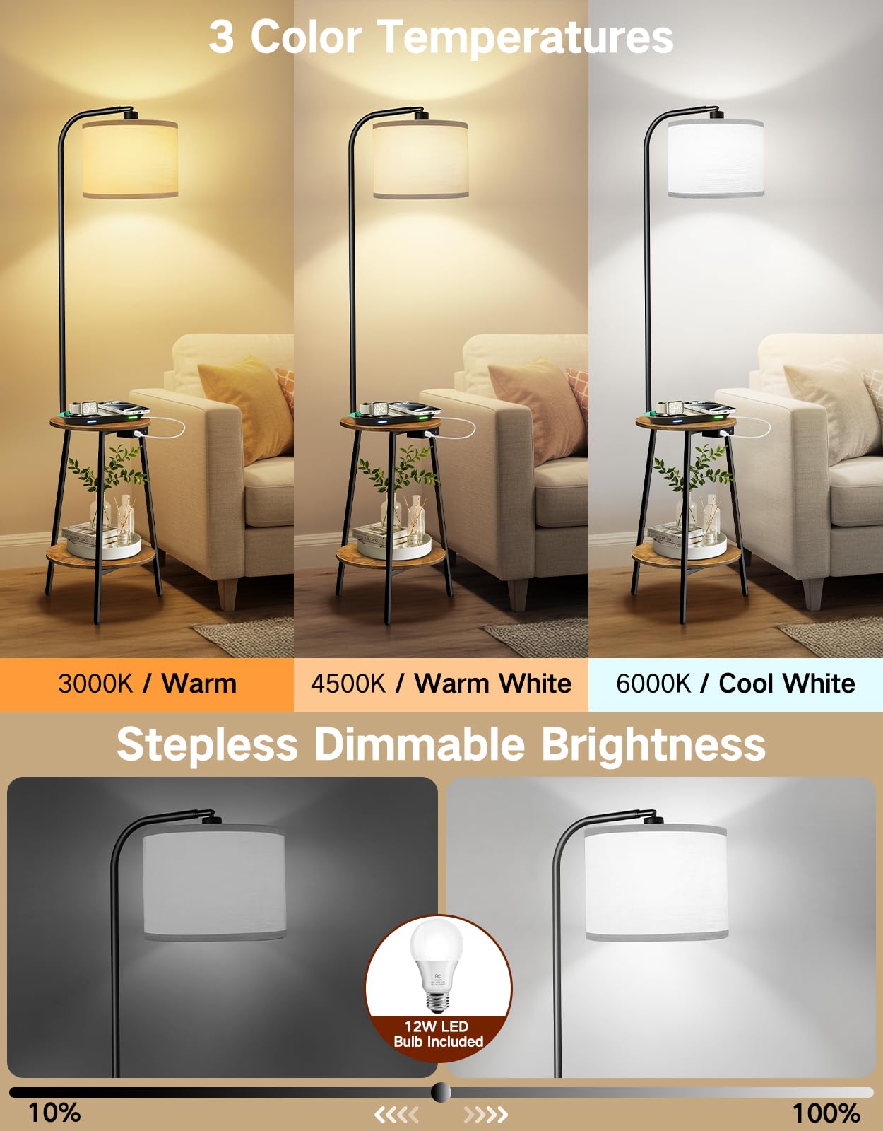 Lampada da Terra con Tavolino, LED Dimmerabile con Telecomando, 3 Temperature Colore, Mensola con Ricarica USB per Soggiorno Camera Ufficio (Marrone Rustico Rotondo)