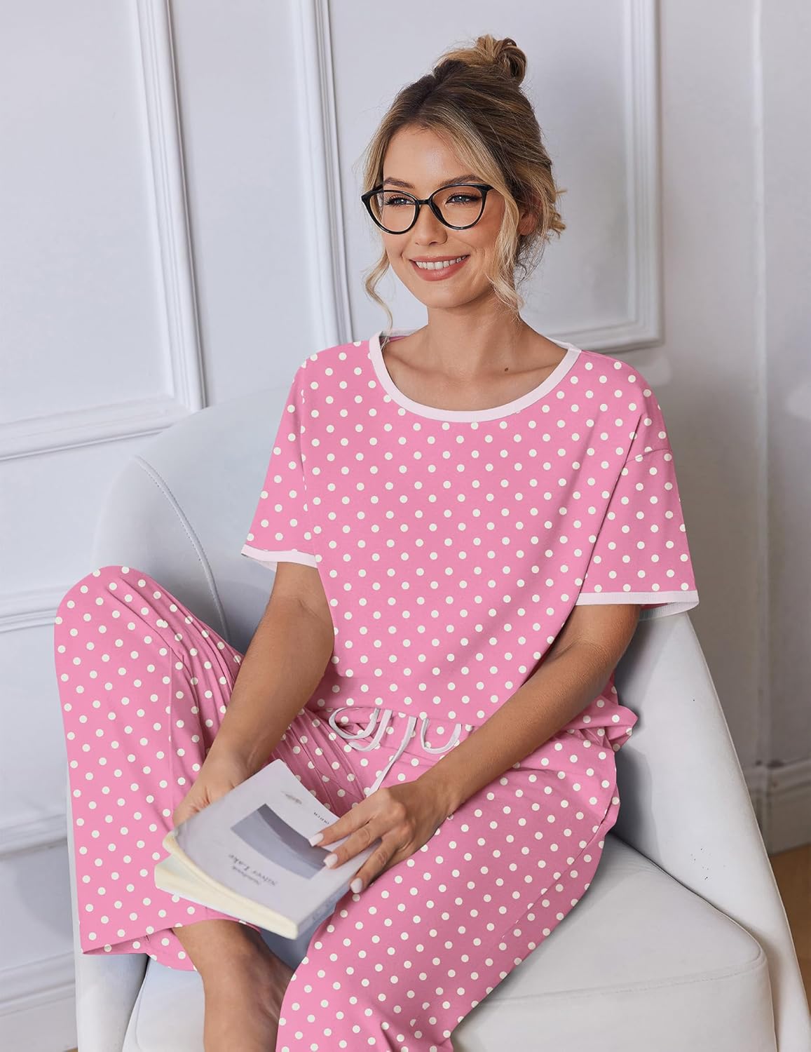 Ekouaer 100% Cotton Pajama for Women Short Sleeve Pj Top With Long Pants 2 Piece Lounge Set with Pocket - Image 4