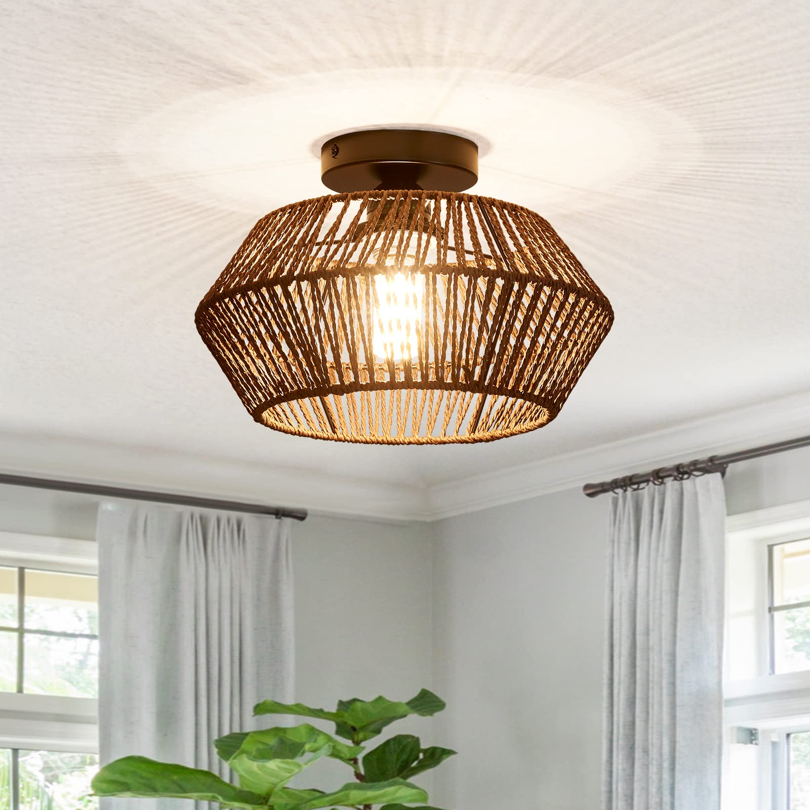 BUXVRCS Rattan Ceiling Light Fixtures, Boho Flush Mount Ceiling Light