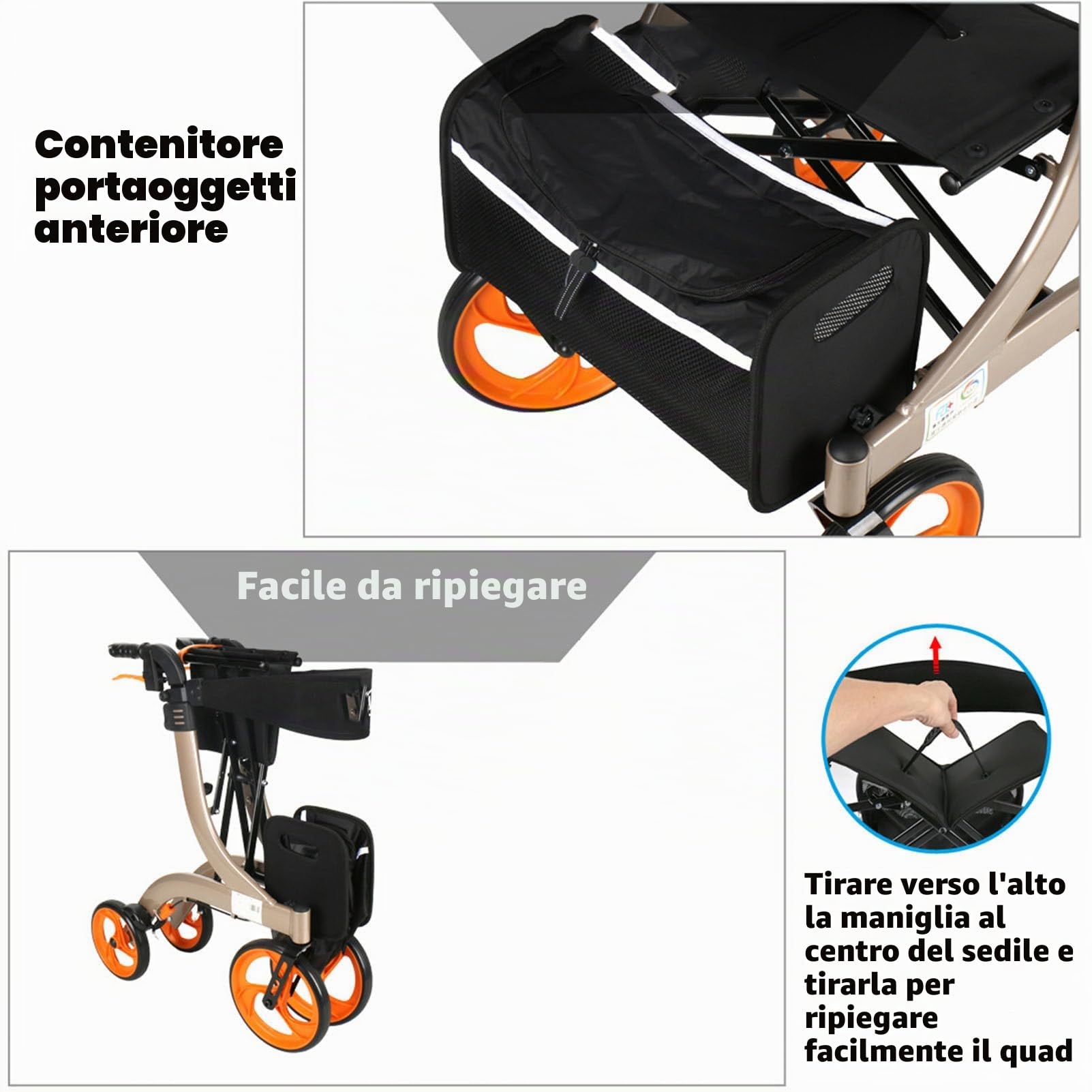Deambulatore Elettrico Pieghevole con Doppi Freni, Sedile e Borsa portaoggetti Staccabile, Altezza Regolabile, Sedia a rotelle elettrica Leggera per Anziani e disabili,ChampagneColor
