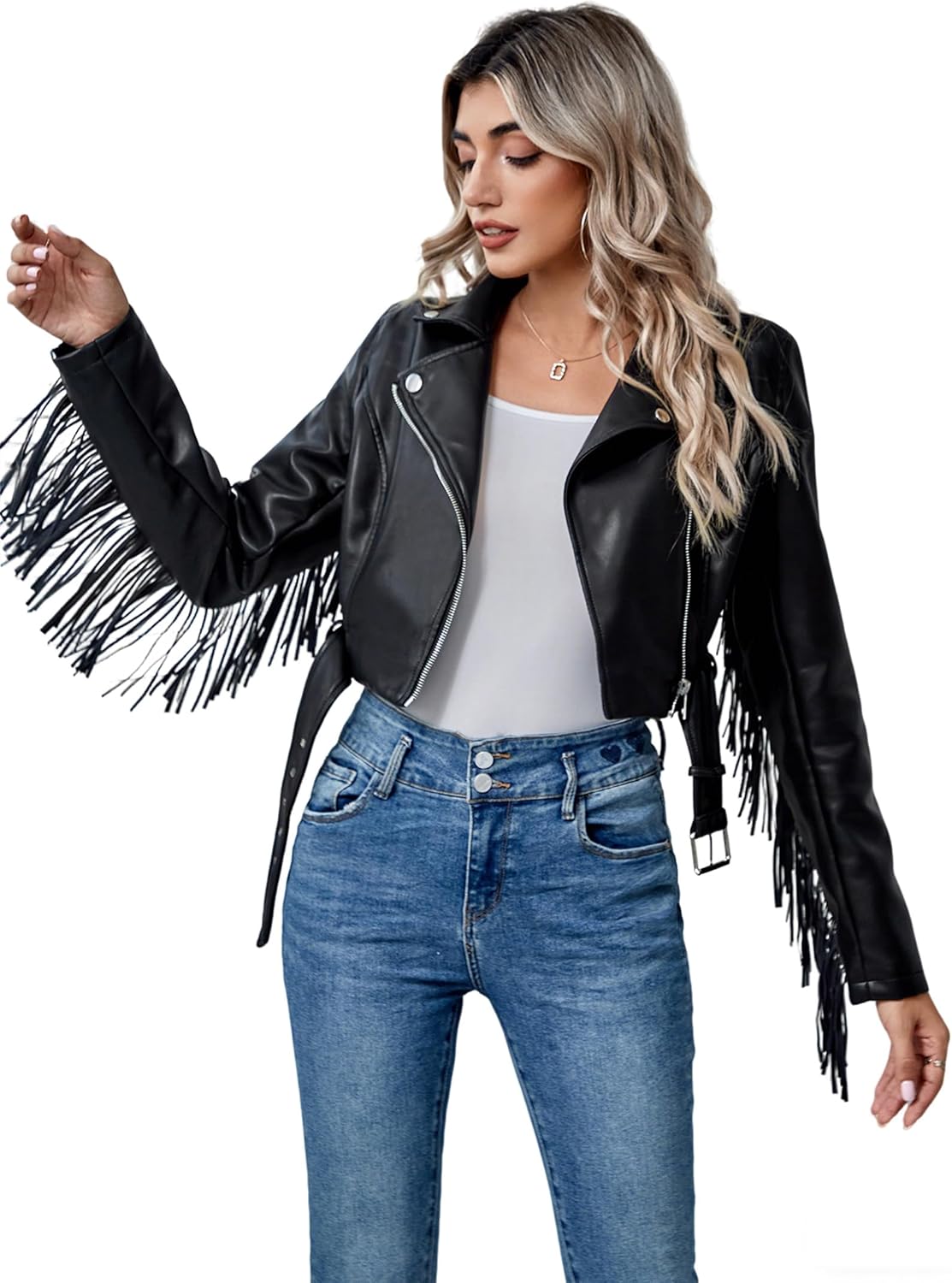 XULIKU Women Short Faux Leather Moto Jacket,Tassel Trim Lapel Zipper Up Pleather Coat Belted