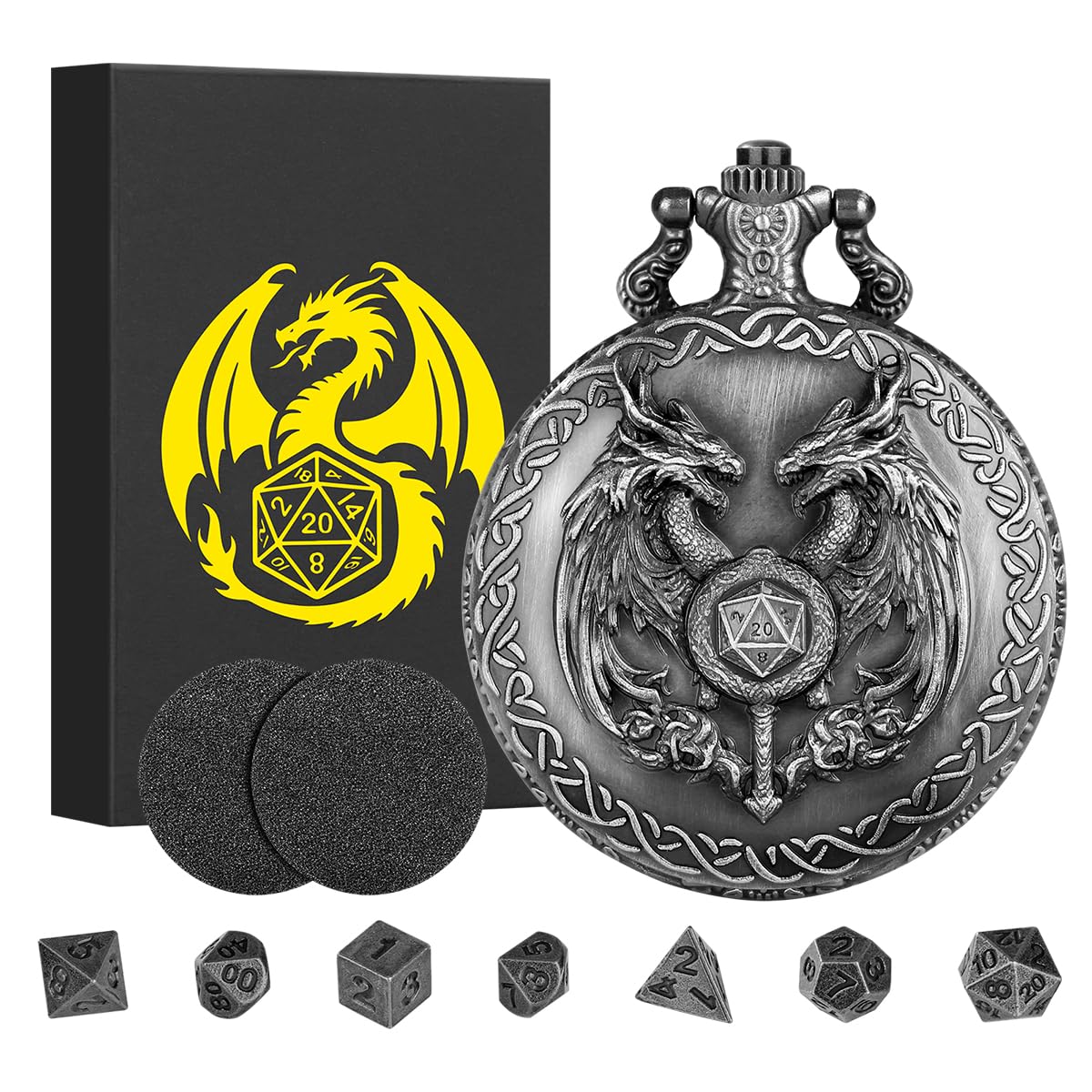 Mini DND Dice Set including Wand and Double Dragon Head Pocket Watch Shell Case, DND Starter Set