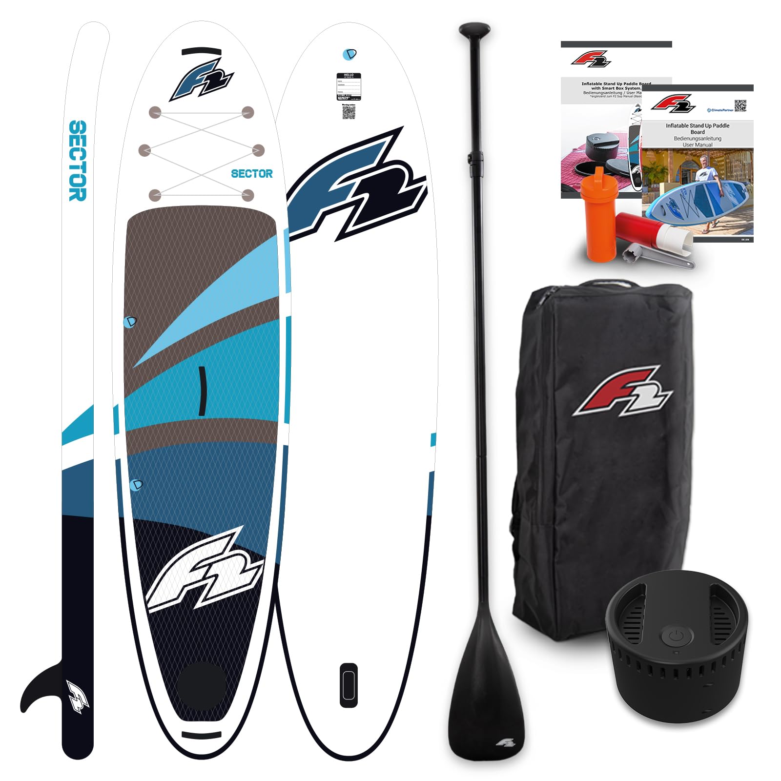 F2 Stand Up Paddle Board Sector SMART SUP mit E-Pumpe Größe wählbar Blau 2025