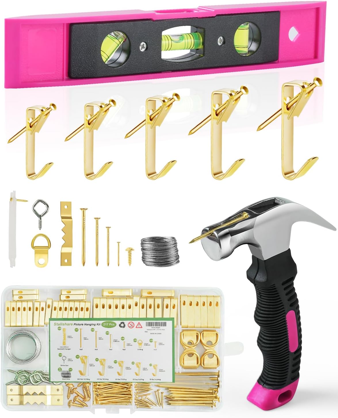 Picture Hanging Kit, Magnetic Hammer and Nails and Level Set for Hanging Photo/ Arts, Women Pink Tool 218Pcs Assorted Wall Frame Hanging Kit with Hooks/ Wire/ D Ring/ Sawtooth Hanger 100lbs