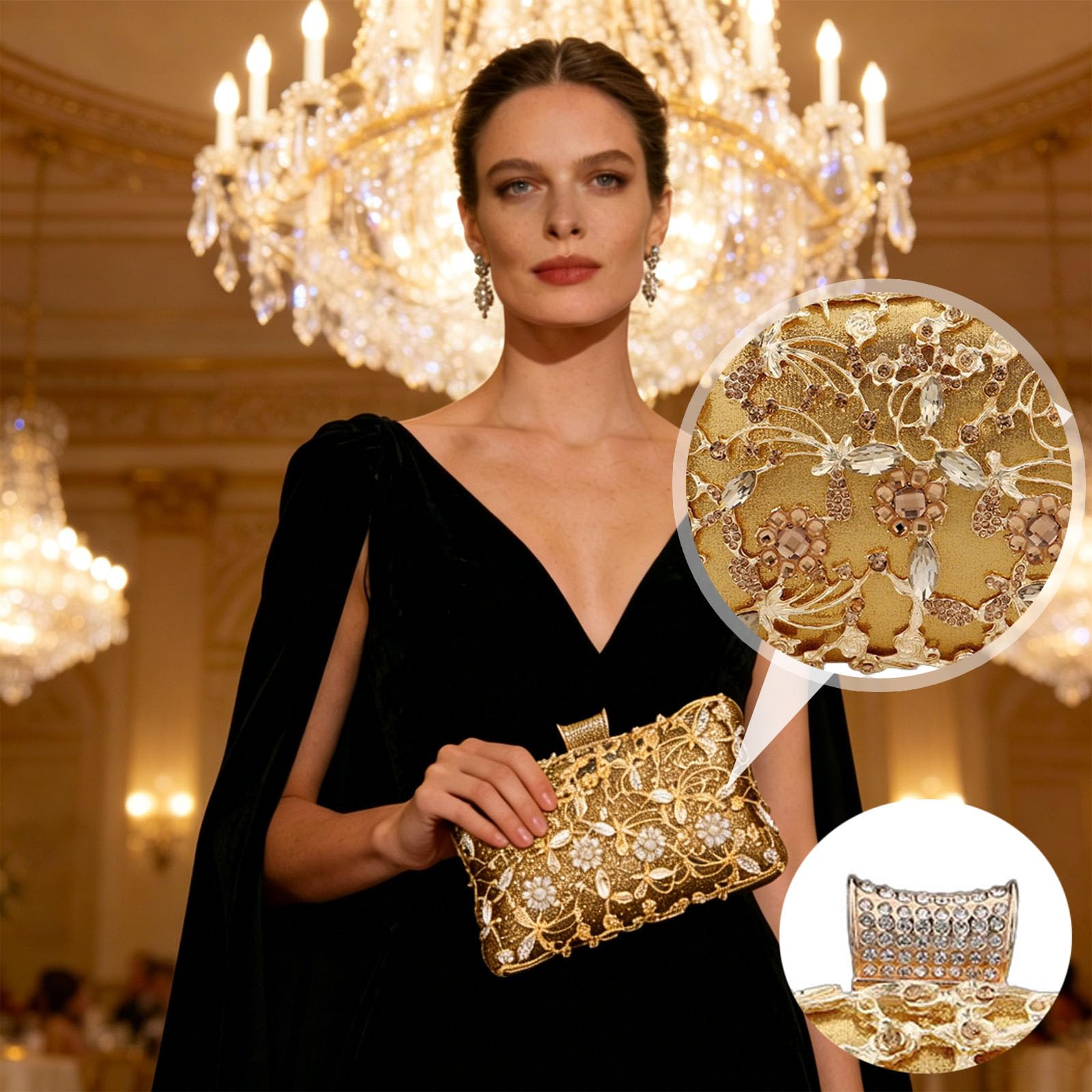 Bolso de mano vintage para mujer, bolso de noche de lujo con estrás y cristal, elegante bolso de mano con asa y cadena de metal con purpurina, bolso de hombro para bodas, fiestas, bailes gala