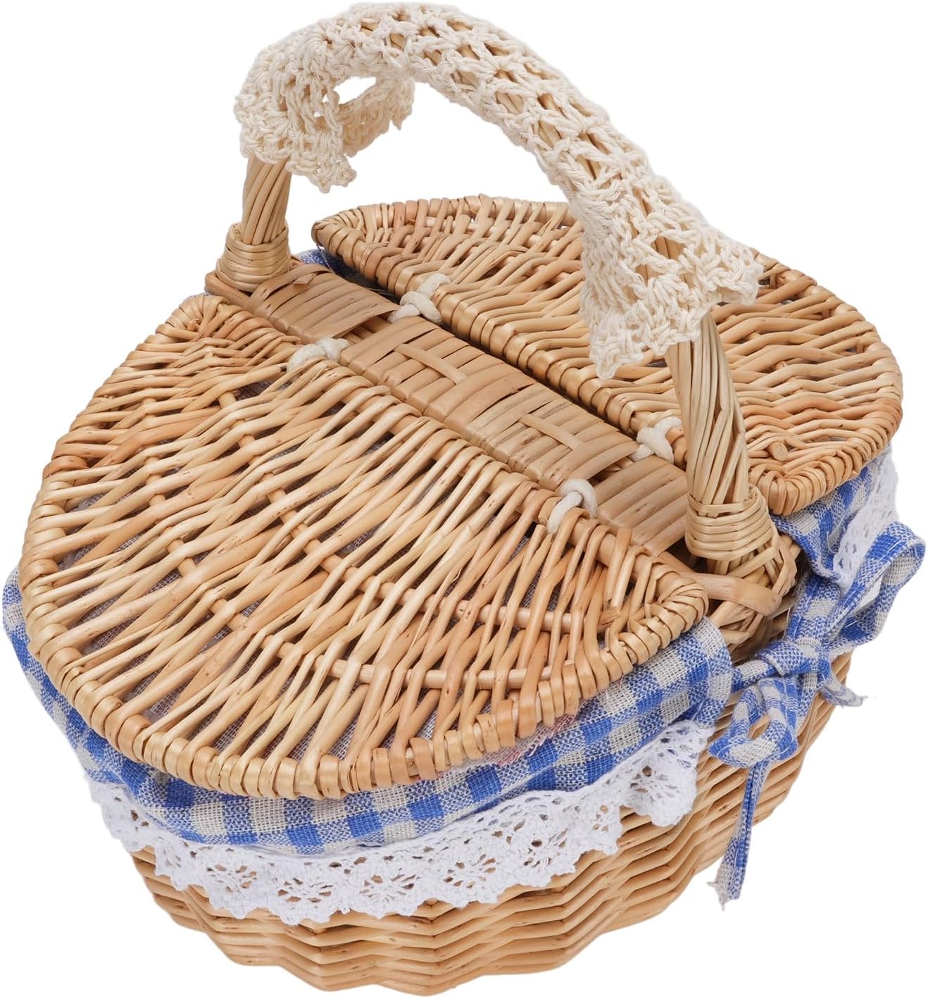 Wicker Picnic Basket with Lid, Elegant Oval Wicker Picnic Basket for Picnics, Camping, and Family Gatherings, Removable Liner, Ideal for Easter, Fall, Kitchen Decoration (Blue