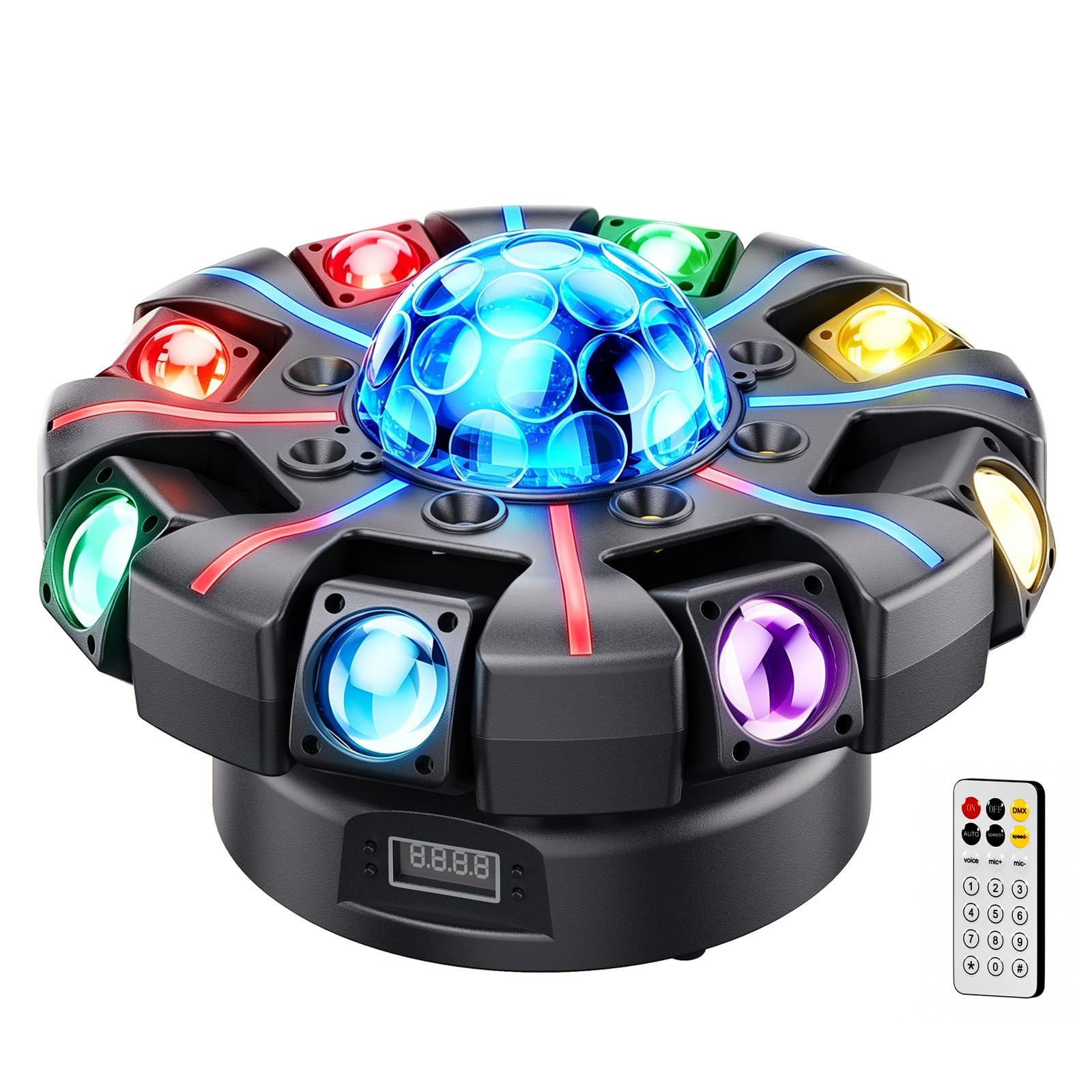150W Beam Teste Mobili Luci Palcoscenico con Telecomando, 8 bracci LED RGBW Faro Lampada da Festa Palla da Discoteca con Motivi DMX512 Strobo Controllo Vocale per Bar Esibizioni DJ Concerti