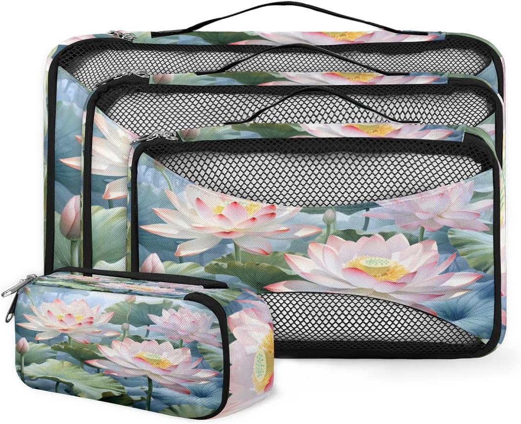 4 Set Packing Cubes for Suitcases, Travel Essentials for Carry on Luggage, Watercolor Flower Suitcase Organizers for Clothes Shoes Toiletries Travel Accessories in 4 Sizes - Fantastic Flower