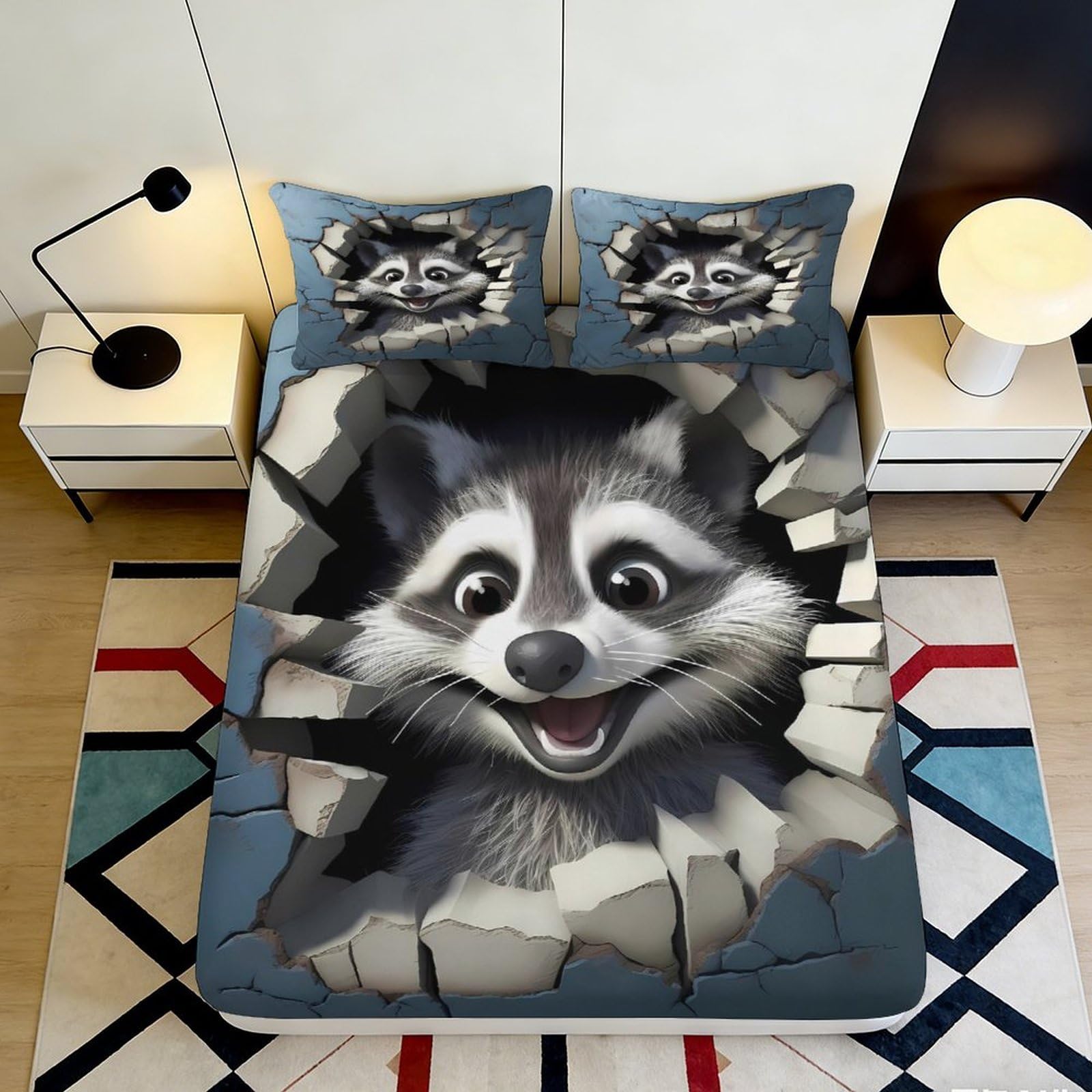 3D Printed Cartoon Raccoon Fitted Sheet Microfiber Deep Pocket Non-Slip Bedroom Bedding Cartoon Raccoon Mattress Fitted Cover Washable for Adults Teens 200x200x25cm