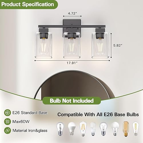 Miniatura 7 de Espird Lámpara de Tocador de Baño Negro Mate, Accesorios de Iluminación de Tocador de 3 Luces Sobre Espejo, Diseño Cuadrado y Certificación UL,