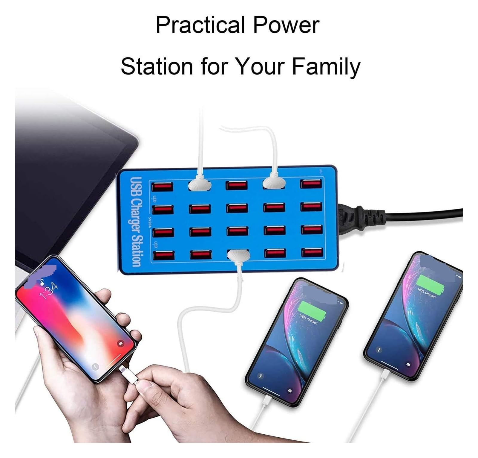 Stacja Ładująca USB 20-portowa 100 W Z Wieloma Portami Ładowarka Do Ładowania Smartfonów, Tabletów I Urządzeń(Blue)