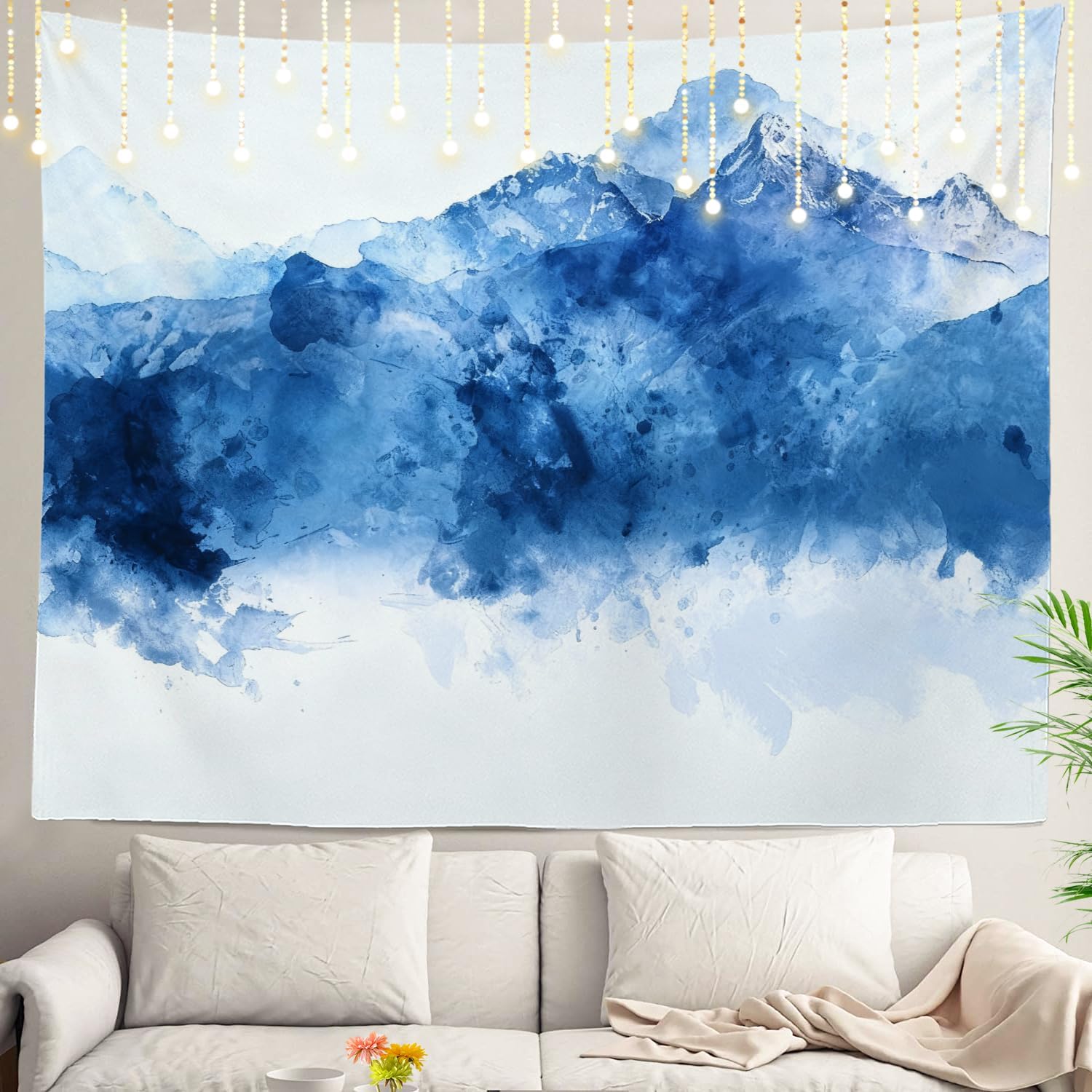 Shrahala Navy Blue Wall Tapestry, Watercolor Mountain Wall Hanging Large Tapestry Decoration Polyester Fiber White Hem Around For Dorm Room Bedroom 35 X 47 In