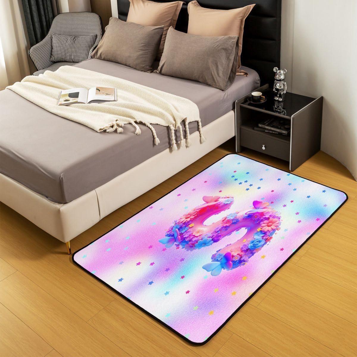 jejeloiu Pretty Butterfly and Flower Area Rug 5x7 Polyester Star Print Living Room Rugs for Bedroom Letter S Decor Carpet Bright Colorful Indoor Floor Mat Soft Non-Slip