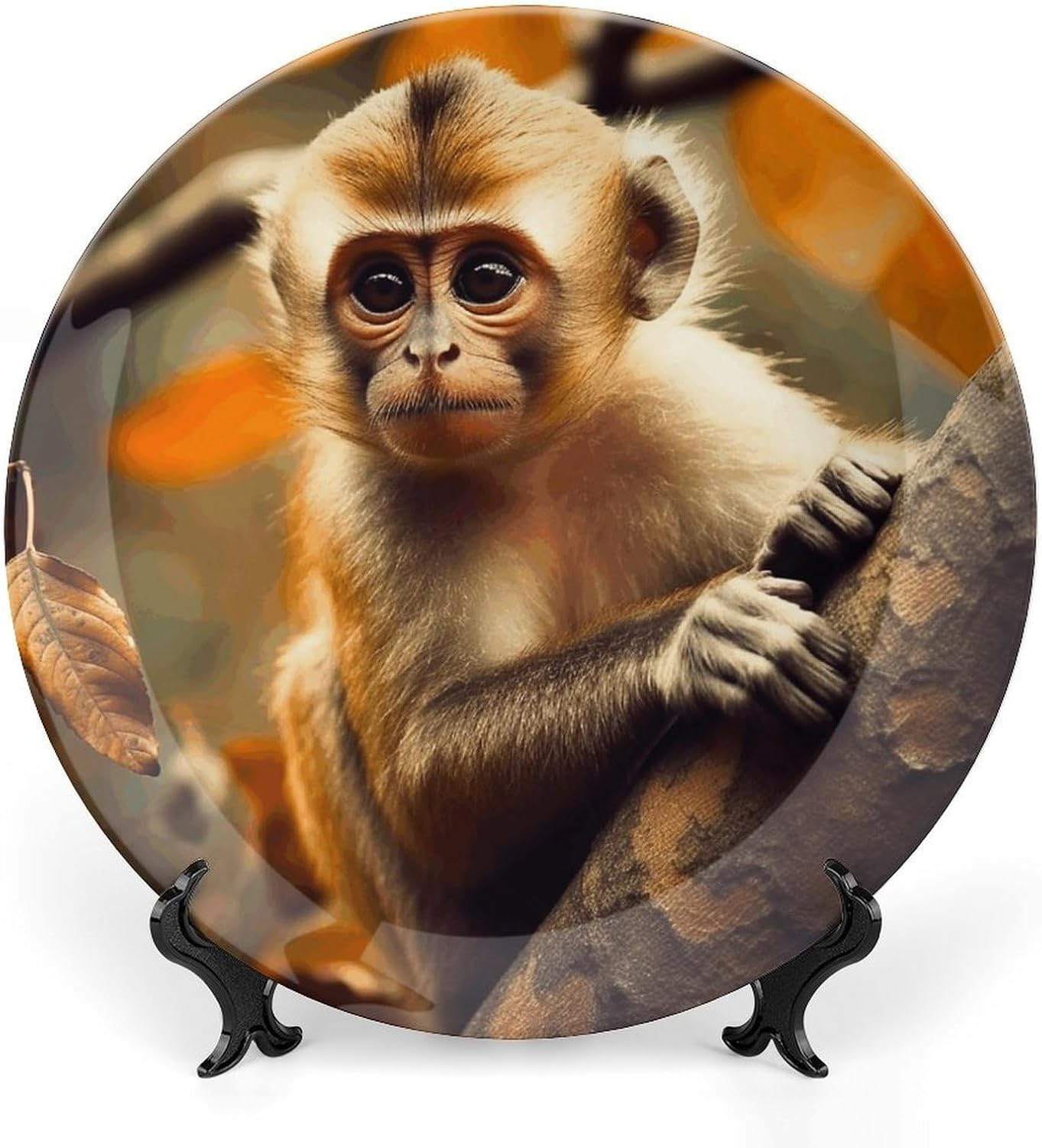 Monkey on Tree Ceramic Decorative Plate for Office Decor, Chinese Style Decorative Dish with Stand, Dinner Dish Decorative Plates for Wall Hanging Bone Collections Plates 10inch