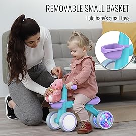 Umatoll Colorful Lighting Baby Balance Bike Toys for 1 Year Old Boys Gifts, Adjustable Seat Baby Walker, One Year Old Boy Birthday Gifts, 12-24 Months Toddler First Ride on Toys with Removable Basket