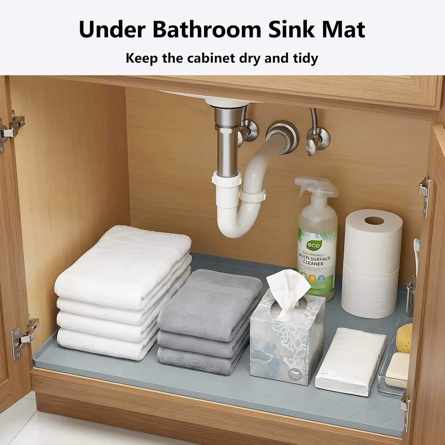 Mateeylife Under Sink Mats for Kitchen Waterproof 34"X22", Undersink Protectors，Silicone Mat Cabinet Liner, Under Sink Organizer for Bathroom and Kitchen，Boot Tray Pet Food Mat, Light Grey