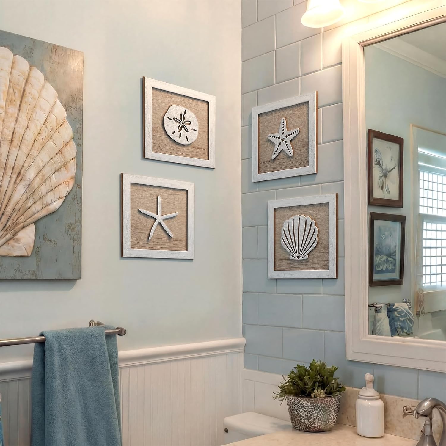 Novabright Framed Set of 4 Rustic Beach wall decor wood Disdressed Seashells and Starfish Coastal 3D Wall Art nautical coastal grandma decor for Bathroom Bedroom Beach House