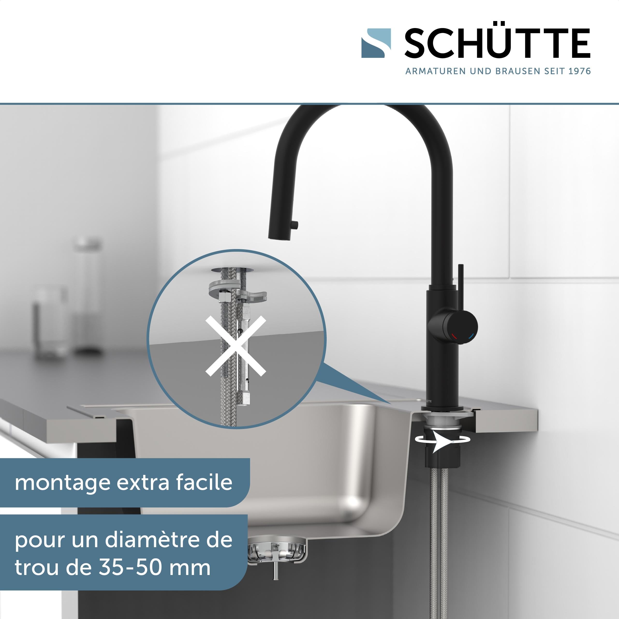 SCHÜTTE Blackpool 79566 Robinet de cuisine avec douchette extractible, robinet 360 degrés pour la cuisine, mitigeur monocommande, mitigeur d'évier avec douchette extensible, noir