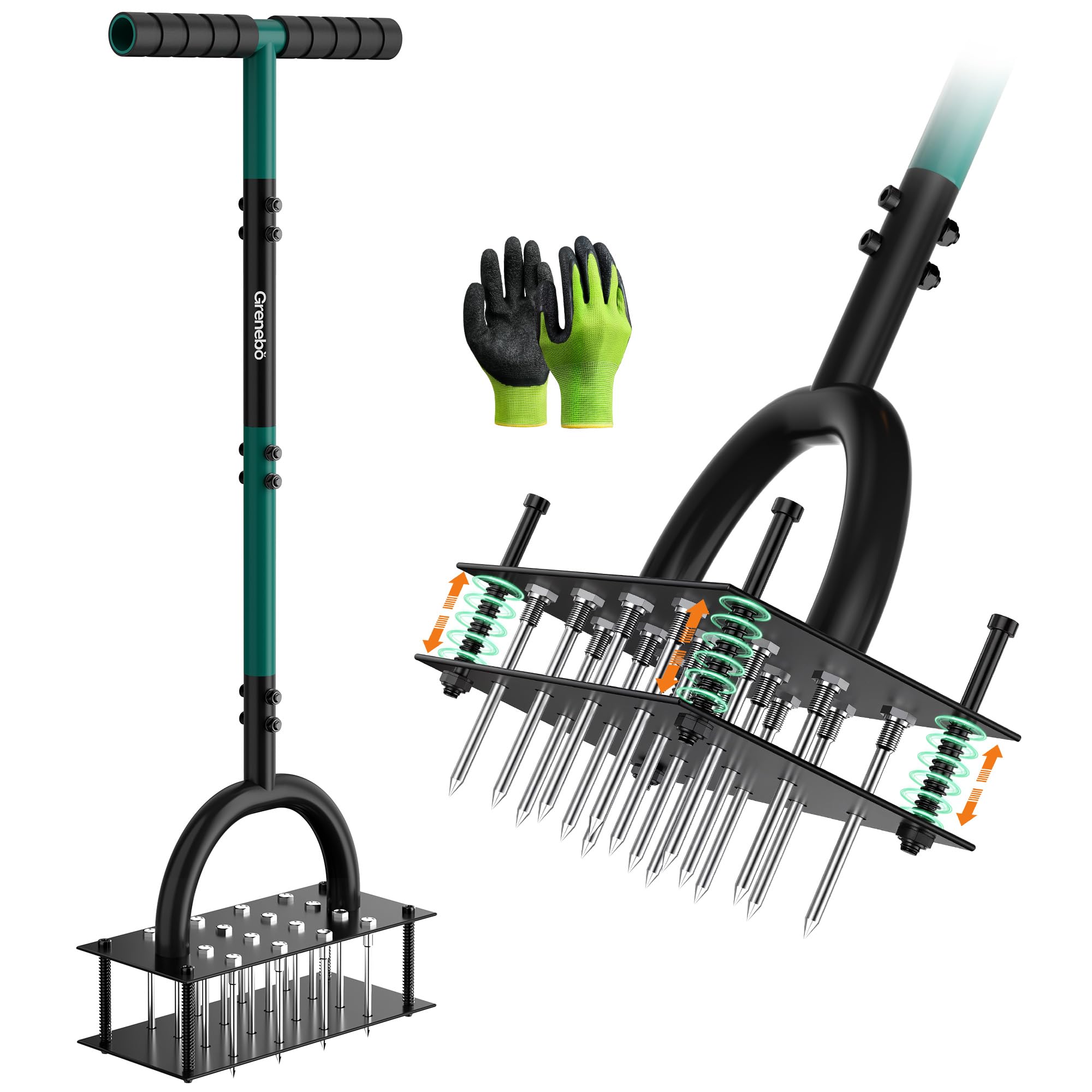 Grenebo Aeratore manuale per prato con 16 punte, aeratore in metallo per cortile, aerazione del prato, espulsione automatica del terreno, strumento aeratore per prato preassemblato (verde)