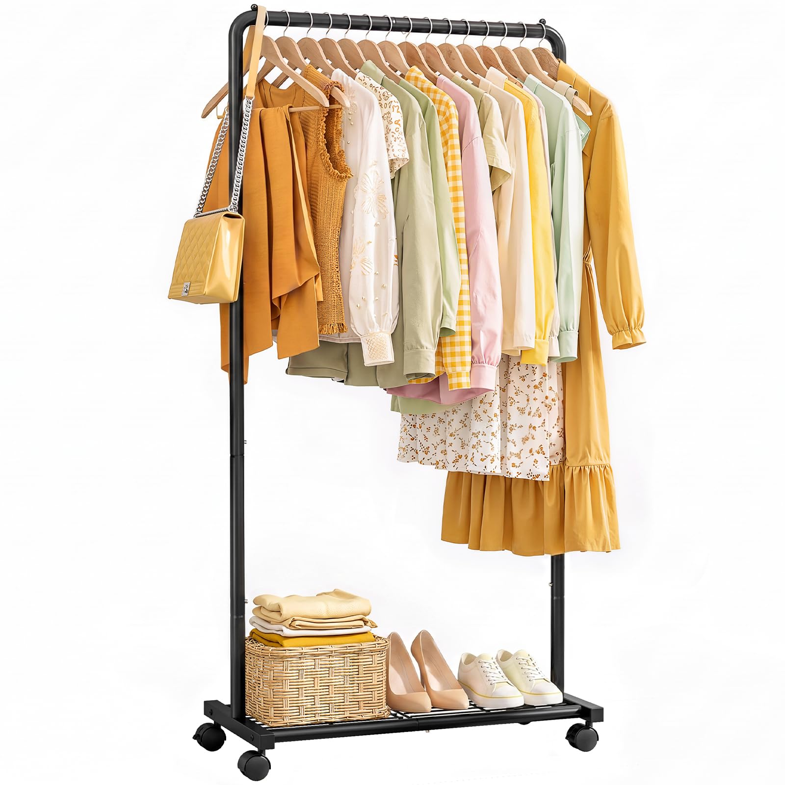 Sakugi Clothes Rack - Clothing Rack with Storage Mesh Shelf & Casters, Heavy-Duty Metal Clothing Rack for Hanging Clothes, Dresses, Coats, Large Load Capacity, Easy Assembly, Black, 28.0"x16.9"x59.0"