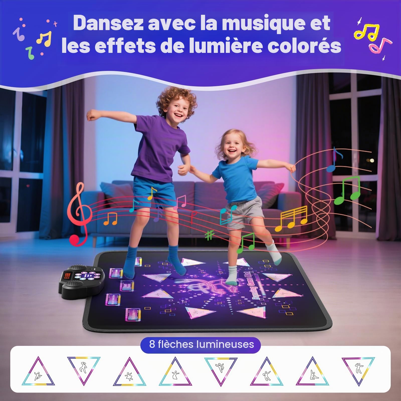 Tapis de Danse pour Enfants,8 Flèches de Lumière LED Musique Pad de Danse Musical avec 6 Modes de Jeu, batterie rechargeable , Jouet Cadeau d'anniversaire de Noël pour Garçons Filles de 3 à 12 Ans